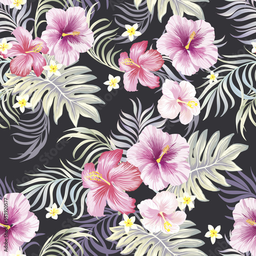 Fototapeta Naklejka Na Ścianę i Meble -  Vector tropical pattern with hibiscus flowers and exotic palm leaves. Trendy summer background. Summer floral illustration.	
