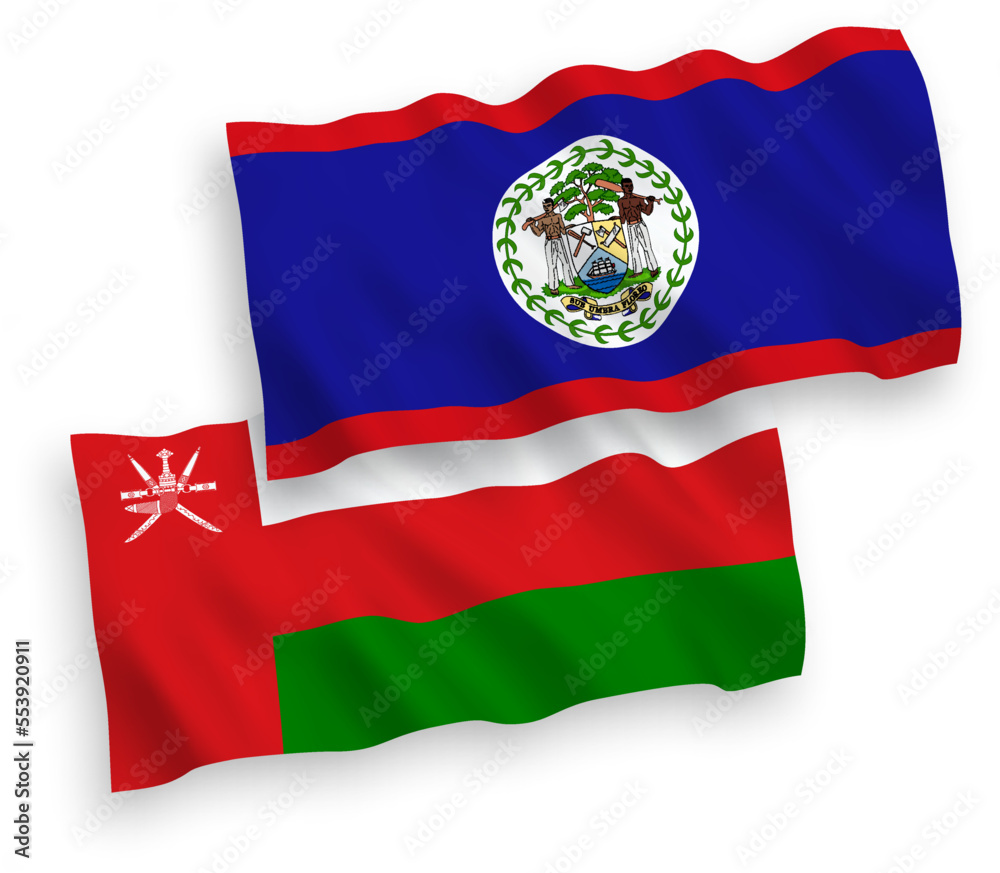 Flags of Sultanate of Oman and Belize on a white background