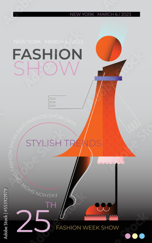 Fashion show or fashion week vector design template. Abstract image of a fashionable woman walking on the catwalk.	