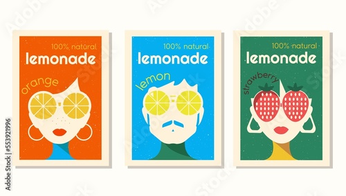Vector label set for lemonade in retro style. Label design for strawberry, lemon and orange lemonade with characters wearing big glasses in 70's style.