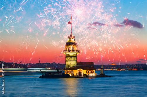 Istanbul Maiden Tower (kiz kulesi) with fireworks at sunset - Istanbul, Turkey