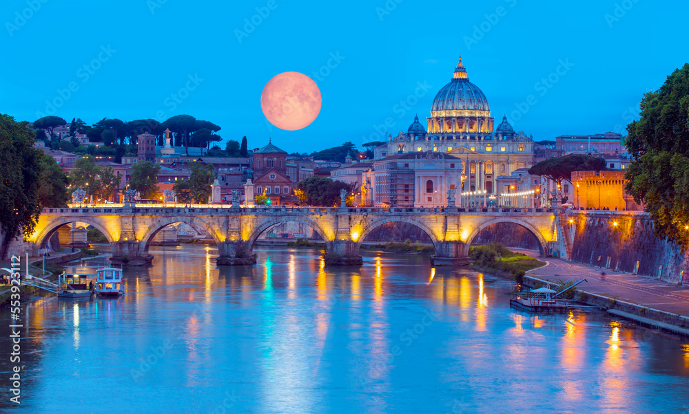St Peter Cathedral with full moon - Rome, Italy 