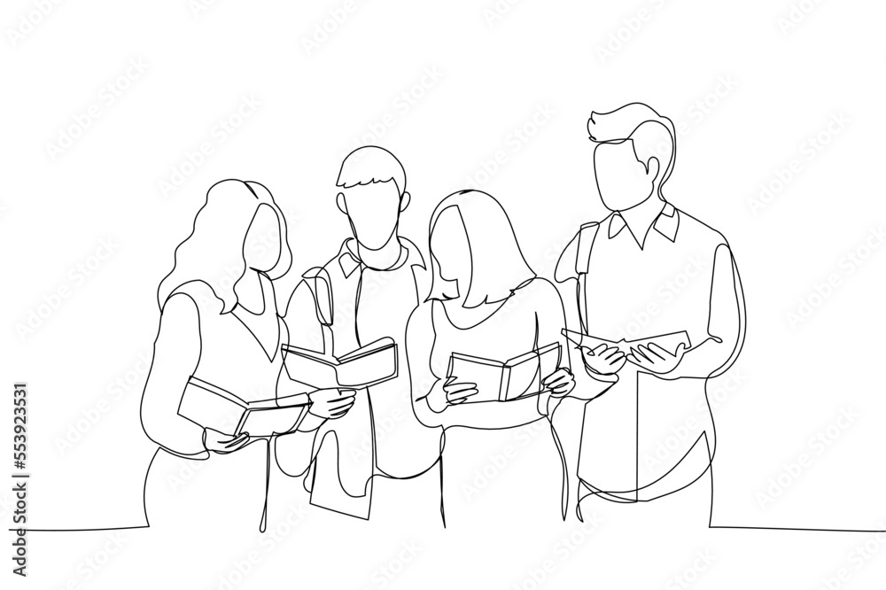 Illustration of students study in library, young people spend time together and search information. Single line art style