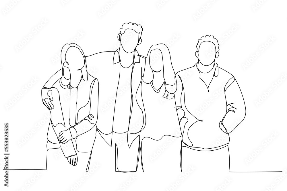 Drawing of group of young university students on campus standing together against wall in college. Continuous line art Drawing of group of young university students on campus standing together against wall in college. Continuous line art