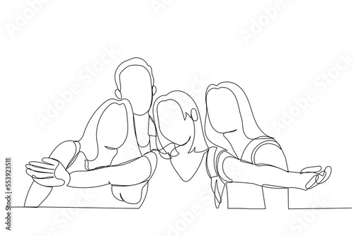Illustration of cheerful friends teenagers taking selfie while walking in summer park. Single line art style