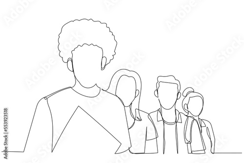 Drawing of group of students standing in line. Single continuous line art style