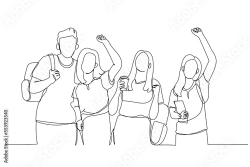 Illustration of group of happy students raise hands to the air celebrating. Single continuous line art