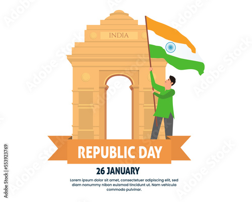 Happy Republic Day in India celebration on January 26.  India gate with Indian flag design social media post template.