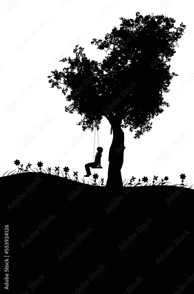 Girl on swing under tree silhouette Girl on swing under tree silhouette