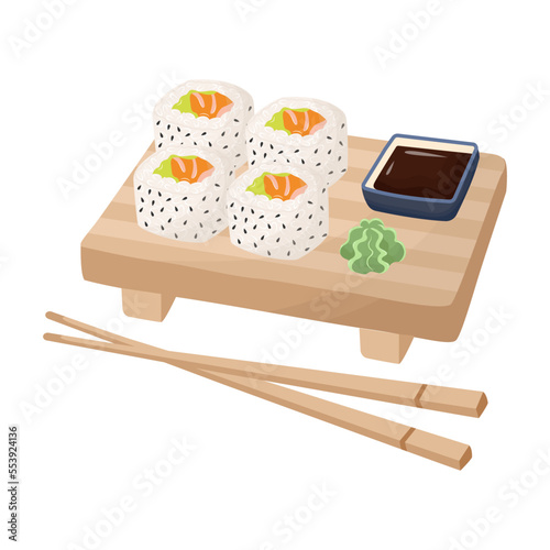 Sushi set with soy souse and wasabi. Asian food flat vector. Delivery food.