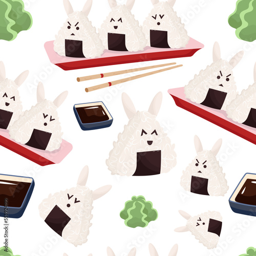 Onigiri seamless pattern with sauce and wasabi. Asian food. Onigiri rabbit.