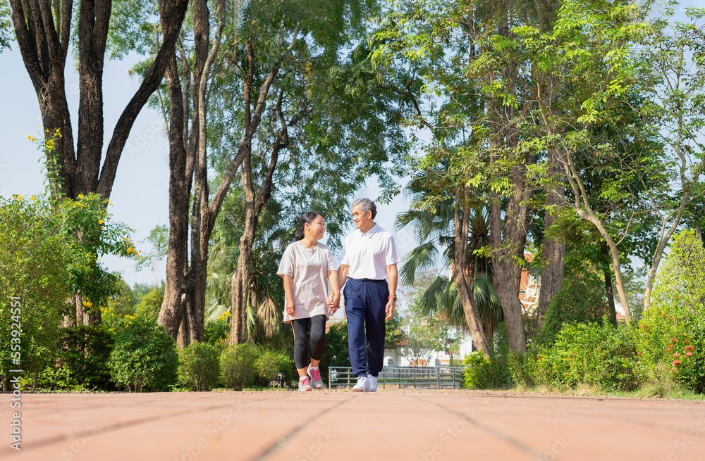 Fototapeta premium happy senior couple in sportswear walking along the walkway in the public park among nature atmosphere, concept for elderly pensioner lifestyle, workout, exercise