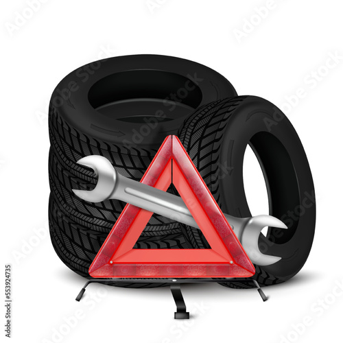 Black rubber tires with tool and sign. Realistic tires for auto repair shop advertising.