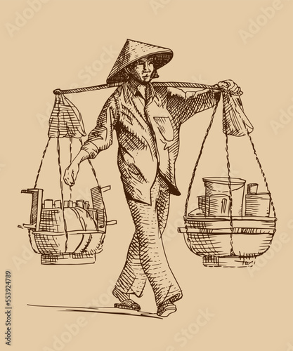 Woman in vietnamese hat carrying yoke on her shoulder. Hand drawn illustration with cross hatching