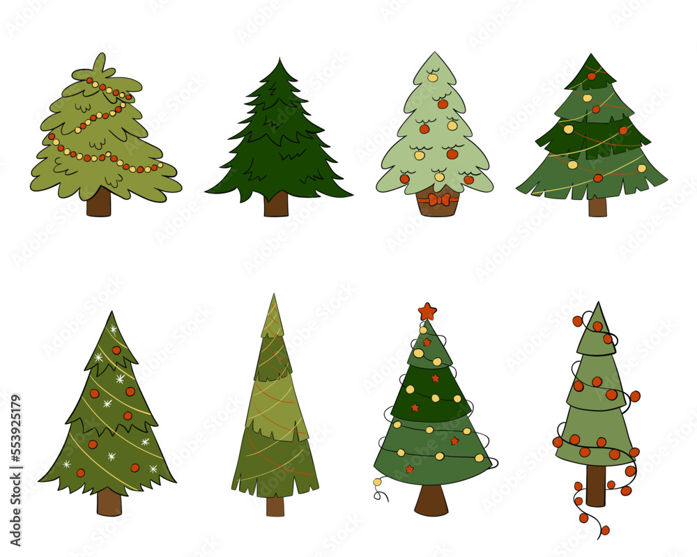 A set of cartoon Christmas trees. vector illustration