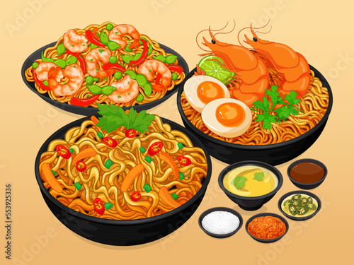 Asian Shrimp stir fry noodles recipe illustration vector.
Chinese stir fry noodles with shrimp or prawn recipe.
Japanese soba noodles with shrimp. Asian food noodle drawing. Instant noodle recipe simp