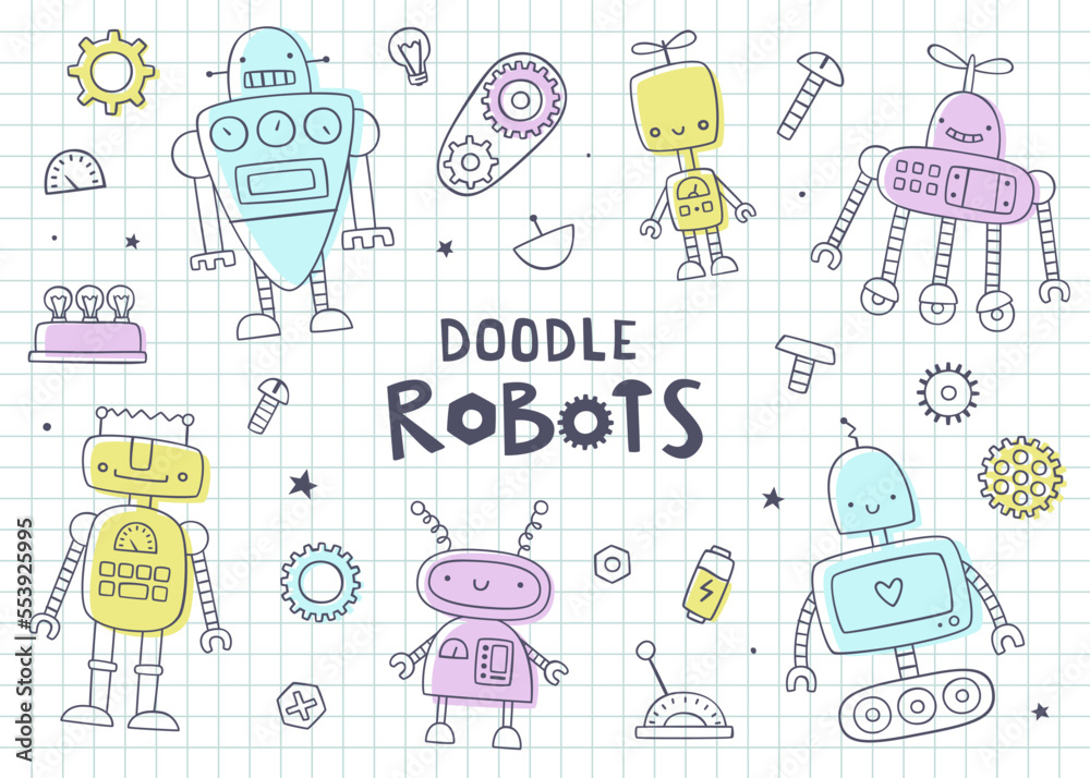 Doodle cute robots set for kids. Funny vector prints collection with hand drawn robots for children.