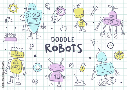 Doodle cute robots set for kids. Funny vector prints collection with hand drawn robots for children.
