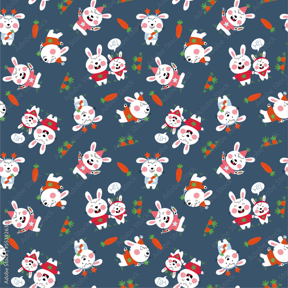 Illustration of a seamless pattern of some bunnies in different poses and carrots