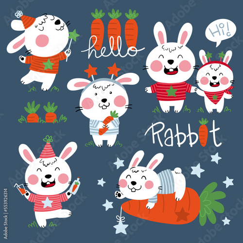 Illustration of cute rabbits in different positions and with striped t-shirts, carrots and the text hello rabbit