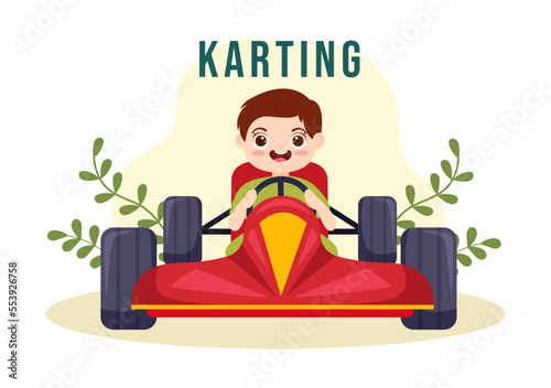 Karting Sport with little kids Racing Game Go Kart or Mini Car on Small Circuit Track in Flat Cartoon Hand Drawn Template Illustration