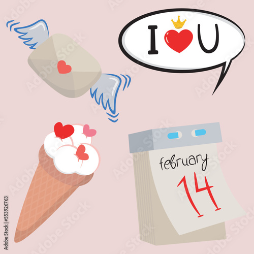saint valentines day picture set with flying envelope, phrase ilove you, ice cream and tearoff calendar photo