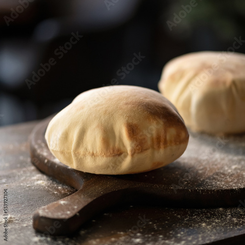 Pita bread on wooden cutting board, served with flour over dark table. Bread empty inside of unleavened dough. 