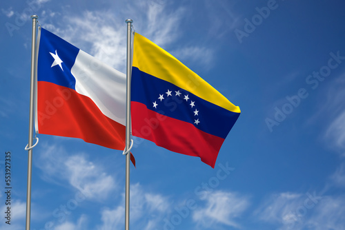 Republic of Chile and Bolivarian Republic of Venezuela Flags Over Blue Sky Background. 3D Illustration