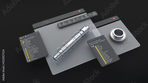 An engineering designer designs 3D CAD software. The model is a mechanical dimensional digital production factory, computer screen. 3d rendering.