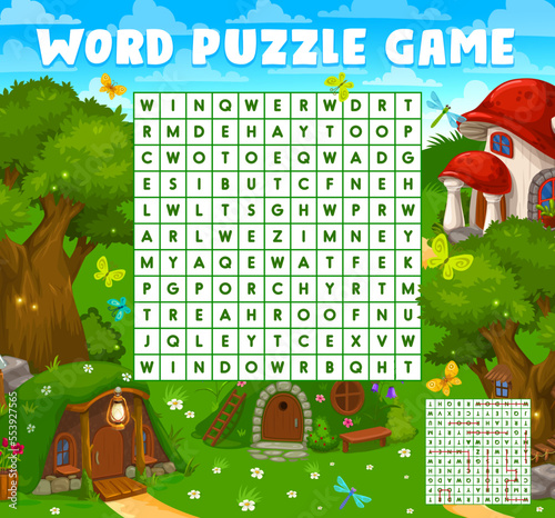 Cartoon elf village houses and dwellings word search puzzle game worksheet, kids quiz. Vector crossword grid brainteaser with mushroom, hill, hut on tree in forest. Children educational word task
