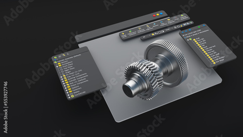 An engineering designer designs 3D CAD software. The model is a mechanical dimensional digital production factory, computer screen. 3d rendering.