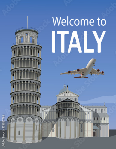 Leaning Tower of Pisa and a flying airliner. Vector.