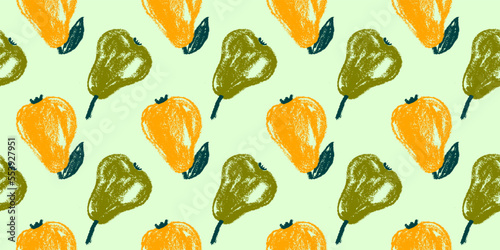 Green pears seamless pattern for fabric design. Organic pear for textile ornament. Fruit background for Vegan banner, label juice. Color pear drawings for jam packaging. Natural hand drawn wallpaper.