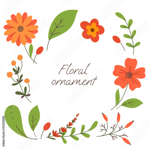 inscription floral ornament collection of flat flowers in hand drawing style