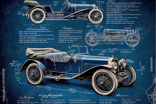 Vintage car blueprint, Generative AI

