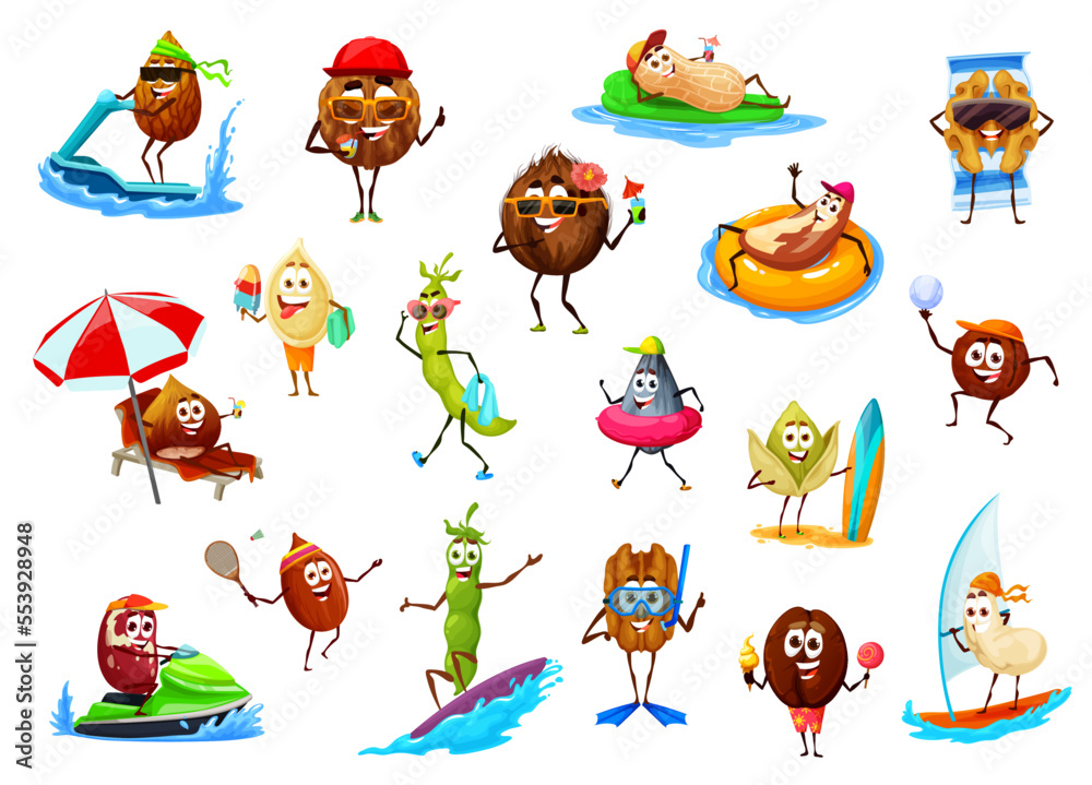Fototapeta premium Cartoon nuts and beans on summer vacation. Vector almond, coconut, peanut and walnut, sunflower or pumpkin seed, pecan, brazil, cashew and pistachio, pea and hazelnut, macadamia funny characters