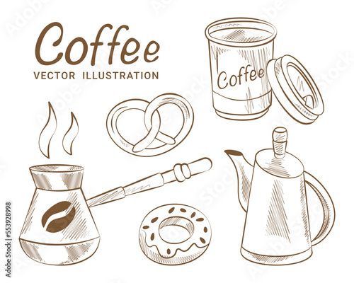 Set of vector drawings coffee cezve teapot takeaway coffee cup
