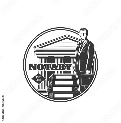 Notary service icon, lawyer and court building or legislation office, vector emblem. Notary legal service or law firm badge for juridical counselor in jurisprudence and civil rights courtroom