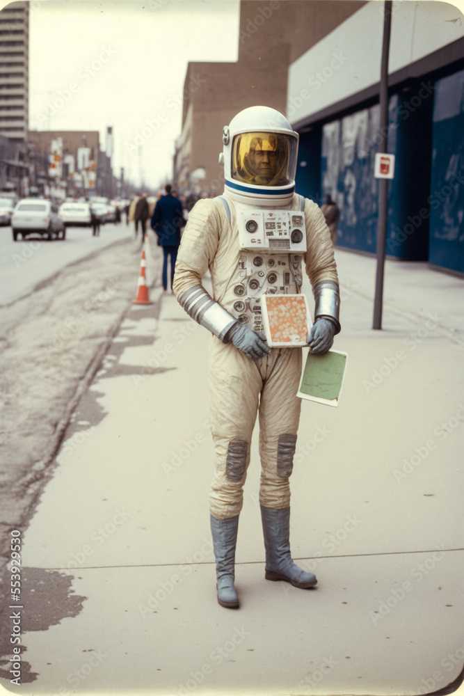Generative AI spaceman walking city street exploring.