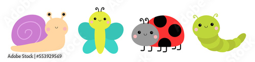 Ladybug ladybird, snail, butterfly, lady bug, caterpillar, catapillar. Insect set line. Cute cartoon funny kawaii baby animal character. Flat design. White background. Isolated.