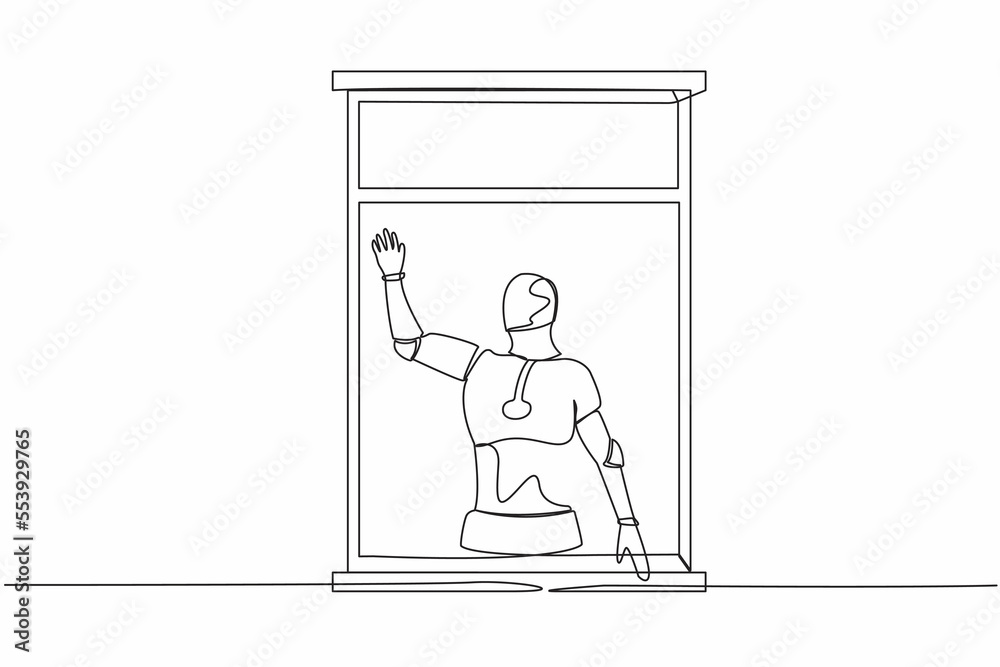 Continuous one line drawing robot waving at window as look like to greet or invite friends to come in. Humanoid robot cybernetic organism. Future robotic. Single line draw design vector illustration Continuous one line drawing robot waving at window as look like to greet or invite friends to come in. Humanoid robot cybernetic organism. Future robotic. Single line draw design vector illustration