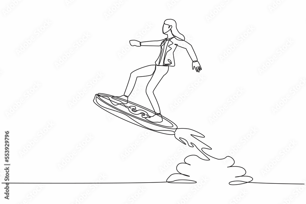Continuous one line drawing businesswoman riding dollar coin rocket flying in sky. Financial planning for increase income, business opportunity to success. Single line draw design vector illustration Continuous one line drawing businesswoman riding dollar coin rocket flying in sky. Financial planning for increase income, business opportunity to success. Single line draw design vector illustration