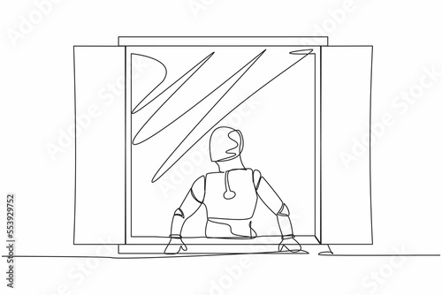 Single one line drawing curious robot looking outside window. Robot with a plant watching out the window. Artificial intelligence. Technology industry. Continuous line draw design vector illustration