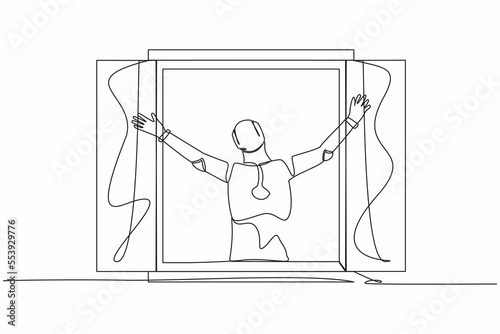 Single one line drawing happy robot looking out of window meet new day breathe fresh air. Robot artificial intelligence. Electronic technology industry. Continuous line draw design vector illustration