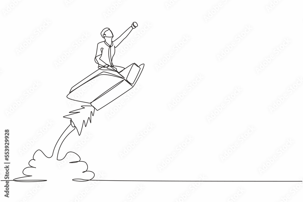 Single continuous line drawing businessman riding book rocket flying in ...
