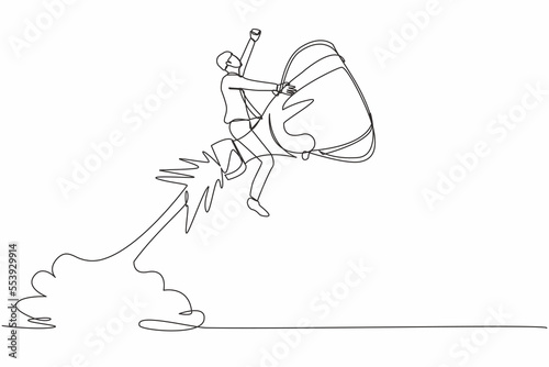 Single one line drawing businessman riding trophy rocket flying in the sky. Improve business ability to win competition. Achievement goals concept. Continuous line design graphic vector illustration