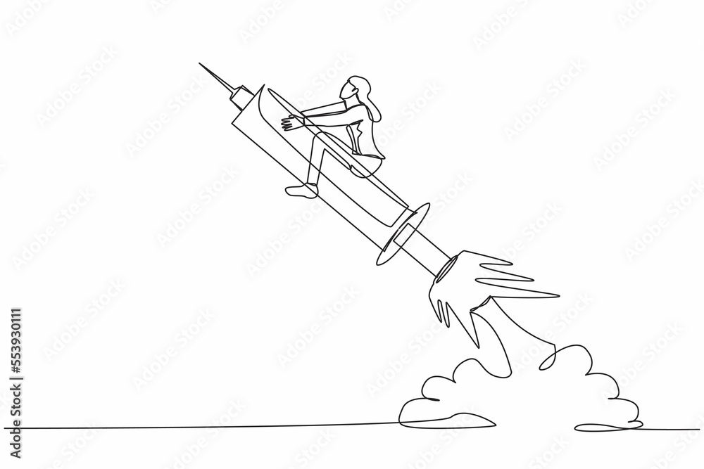 Obraz premium Single continuous line drawing businesswoman riding syringe rocket flying in sky.
