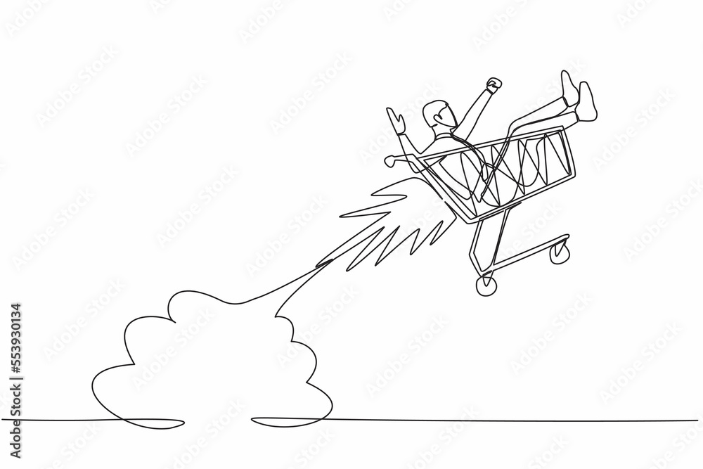 Continuous one line drawing businessman riding shopping trolley rocket flying in the sky. Happy man in supermarket, spare time, leisure, vacation, fun. Single line graphic design vector illustration Continuous one line drawing businessman riding shopping trolley rocket flying in the sky. Happy man in supermarket, spare time, leisure, vacation, fun. Single line graphic design vector illustration