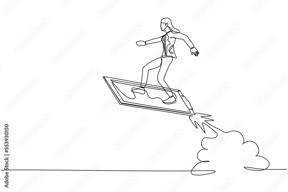 Continuous one line drawing businesswoman riding clipboard rocket flying in the sky. Checklist data analyze of employee status. Company development. Single line draw design vector graphic illustration