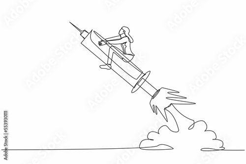 Single continuous line drawing businesswoman riding syringe rocket flying in sky.